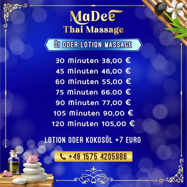 Preisliste Öl oder Lotion Massage Preisliste für Thai-Massagen mit verschiedenen Zeitoptionen und zusätzlichen Lotionkosten.