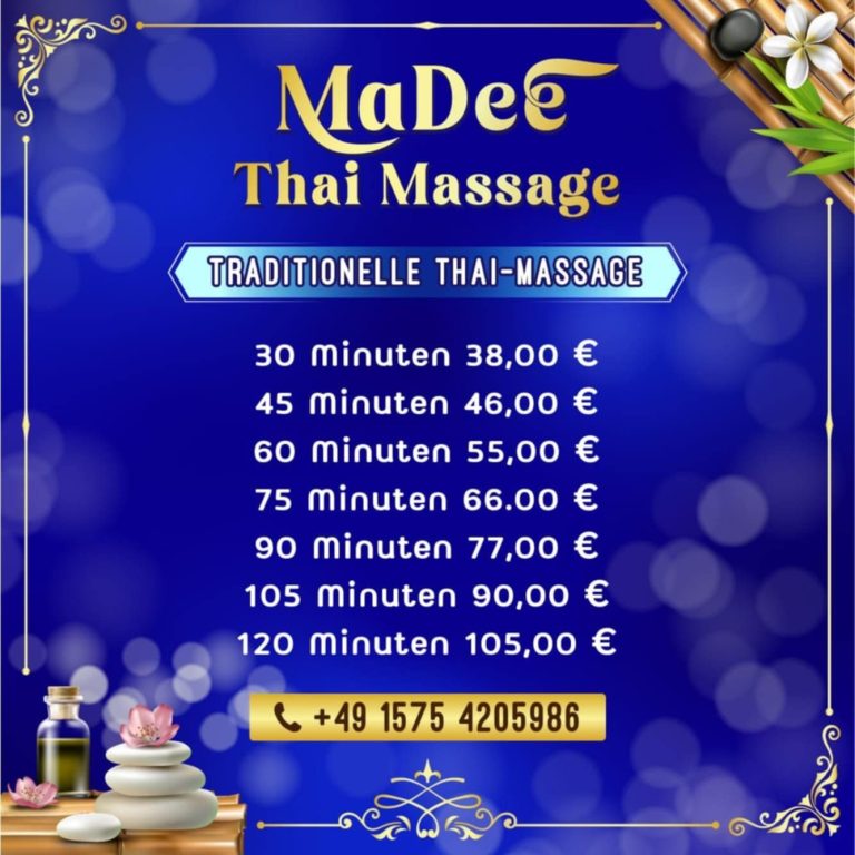 Preisliste Traditionelle Thai Massage Preise für traditionelle Thai-Massagen in verschiedenen Längen auf blauem Hintergrund.