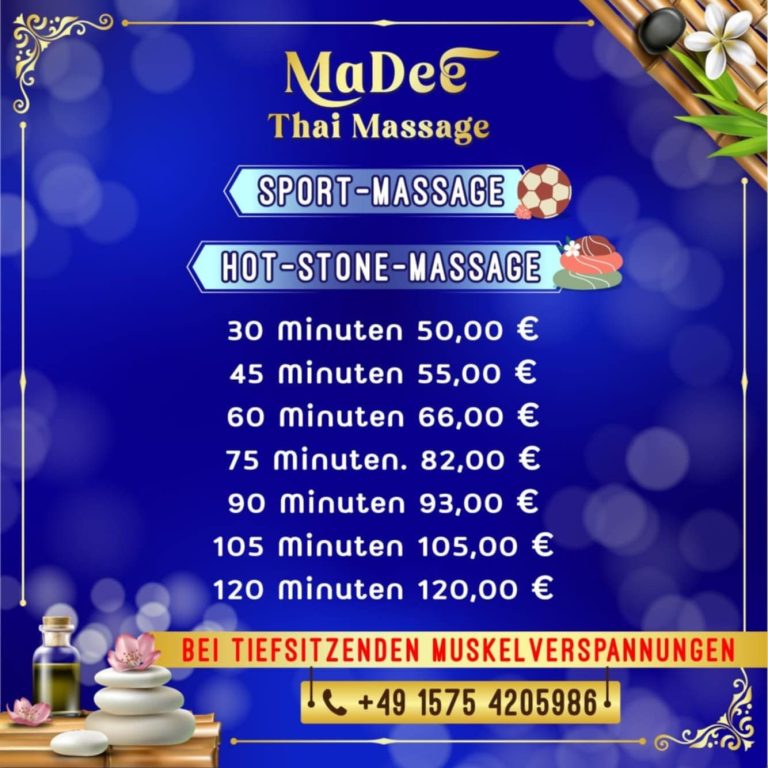 Preisliste Sport Massage Preise für Thai-Massagen: Sportmassage und Hot-Stone-Massage mit Zeit- und Preisangaben.